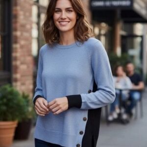 J CREW WOOL RABBIT KNIT SWEATER ELBOW PATCH CREWNECK SIDE BUTTON BLUE LARGE